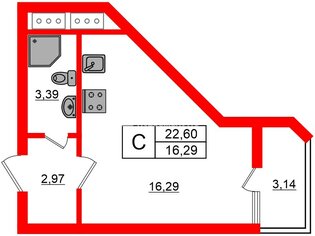 Студия 22.6 м² 4/13 этаж