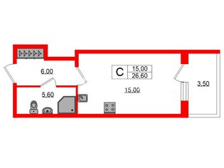 Студия 26.6 м² 3/5 этаж