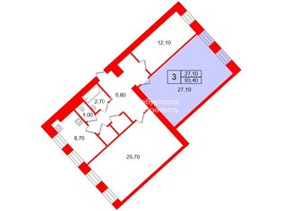 Комната 27.1 м² в 3-комн. кв. 3/5 этаж