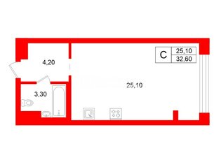 Студия 32.6 м² 13/22 этаж