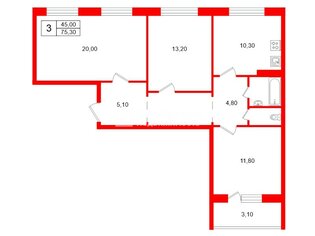 3-комн. кв. 75.3 м² 3/14 этаж