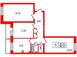 3-комн. кв. 68.1 м² 8/9 этаж