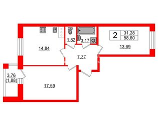 2-комн. кв. 58.6 м² 15/15 этаж