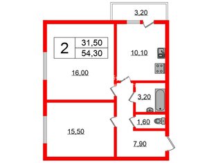 2-комн. кв. 54.3 м² 2/23 этаж