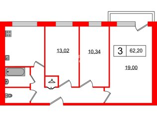 3-комн. кв. 62.2 м² 6/9 этаж