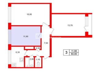 Комната 12 м² в 3-комн. кв. 4/9 этаж