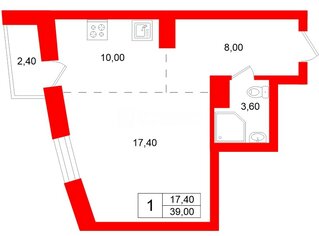 1-комн. кв. 39 м² 4/25 этаж