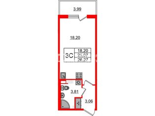 Студия 25.07 м² 3/4 этаж