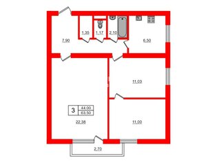 3-комн. кв. 63.5 м² 9/9 этаж