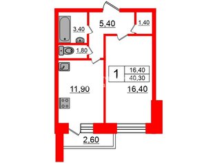 1-комн. кв. 40.3 м² 6/14 этаж