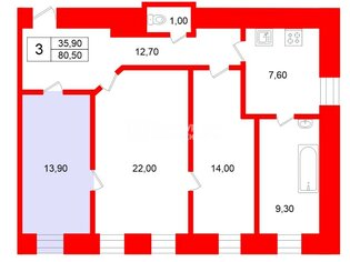 Комната 13.9 м² в 3-комн. кв. 5/7 этаж