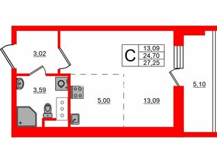 Студия 24.6 м² 12/25 этаж