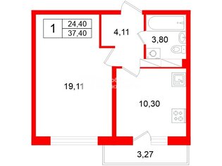 1-комн. кв. 37.4 м² 4/18 этаж