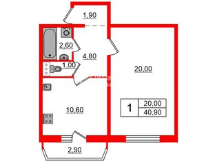 1-комн. кв. 40.9 м² 4/12 этаж