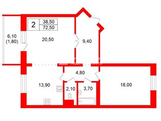 2-комн. кв. 72.5 м² 3/22 этаж