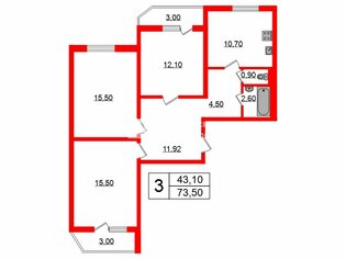 3-комн. кв. 73.5 м² 11/14 этаж