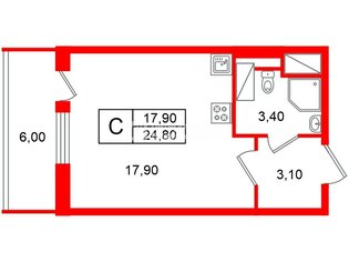 Студия 24.8 м² 10/15 этаж