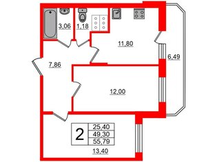 2-комн. кв. 49.3 м² 3/12 этаж