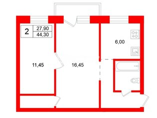 2-комн. кв. 44.3 м² 4/4 этаж