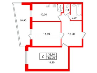 2-комн. кв. 59.9 м² 9/25 этаж