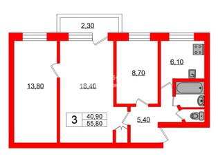 3-комн. кв. 55.8 м² 5/5 этаж