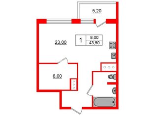 1-комн. кв. 43.5 м² 13/21 этаж