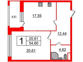 1-комн. кв. 54.6 м² 9/13 этаж