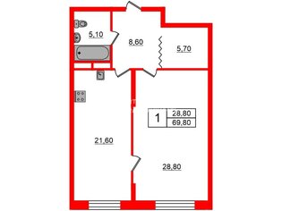 1-комн. кв. 69.8 м² 5/16 этаж