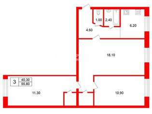 3-комн. кв. 55.8 м² 2/5 этаж
