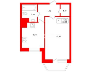  Квартира 33.3 кв.м. у метро Улица Дыбенко