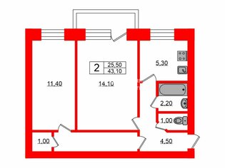 2-комн. кв. 43.1 м² 5/5 этаж