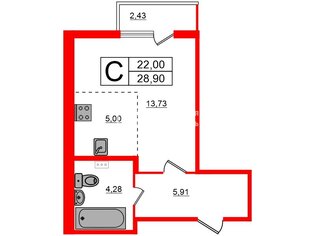 Студия 28.9 м² 3/5 этаж