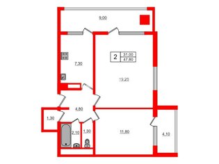 2-комн. кв. 47.8 м² 10/12 этаж