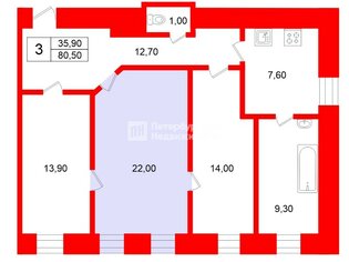 Комната 22 м² в 3-комн. кв. 5/7 этаж