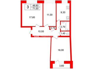 3-комн. кв. 71 м² 9/9 этаж