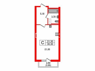 Студия 30.3 м² 16/25 этаж