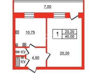 1-комн. кв. 40 м² 12/13 этаж