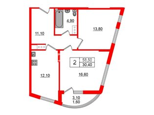 2-комн. кв. 58.5 м² 3/6 этаж