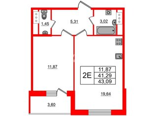 1-комн. кв. 43.09 м² 11/12 этаж