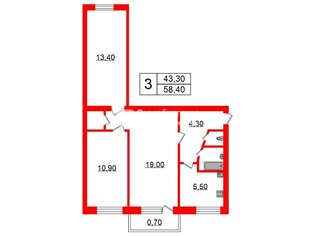 3-комн. кв. 58.4 м² 5/5 этаж