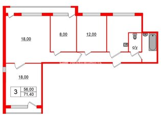 3-комн. кв. 71.4 м² 11/15 этаж