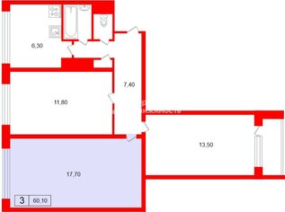 Комната 17.7 м² в 3-комн. кв. 9/9 этаж