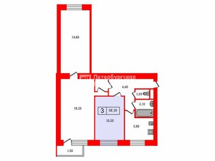 Комната 10.3 м² в 3-комн. кв. 7/9 этаж