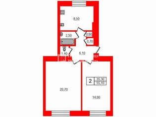 2-комн. кв. 55.1 м² 5/5 этаж