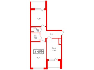 2-комн. кв. 52.4 м² 12/26 этаж