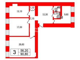 3-комн. кв. 90.8 м² 2/6 этаж