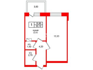 1-комн. кв. 33.1 м² 3/4 этаж