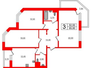 3-комн. кв. 85.9 м² 15/16 этаж