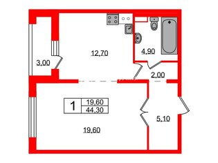 1-комн. кв. 44.3 м² 5/9 этаж