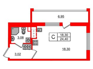  Студия 24.4 кв.м. у метро Комендантский Проспект